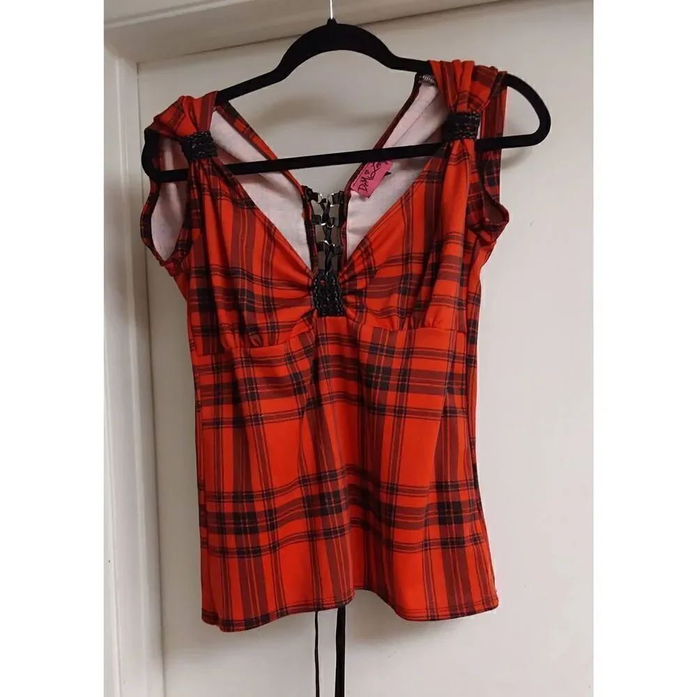 NWOT~Demi Loon Red & Black Tartan Plaid Lace up Back Top Sz Large